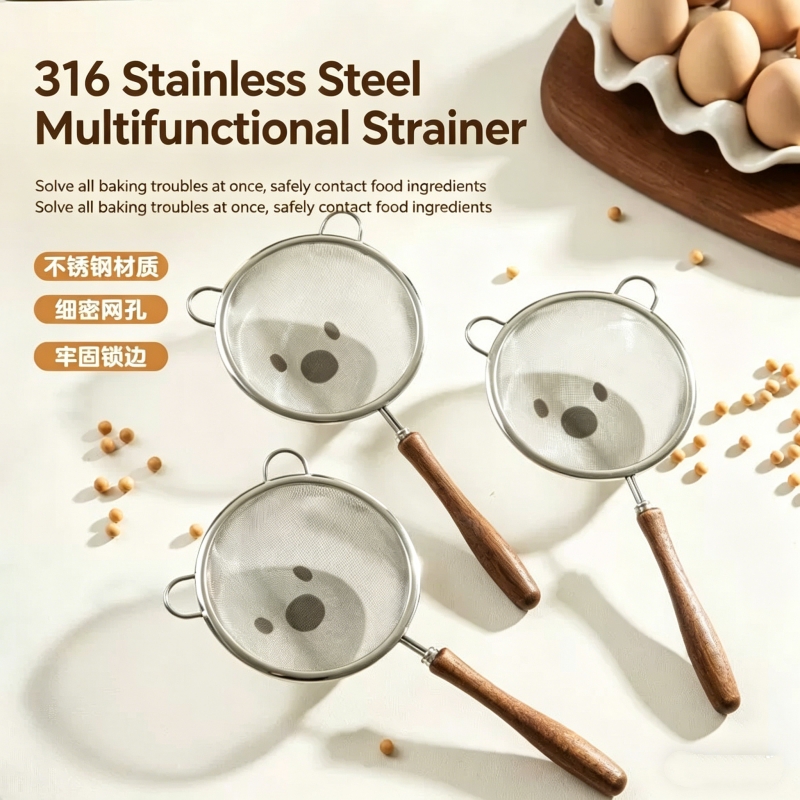 Baby Food Strainer - Drobny sitko-filtr, nowy drewniany uchwyt 304,