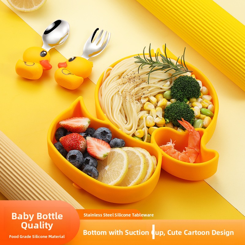 Baby Food Apron - Żółta Kaczuszka Silikonowo-Stalowy Zestaw Naczyń dla