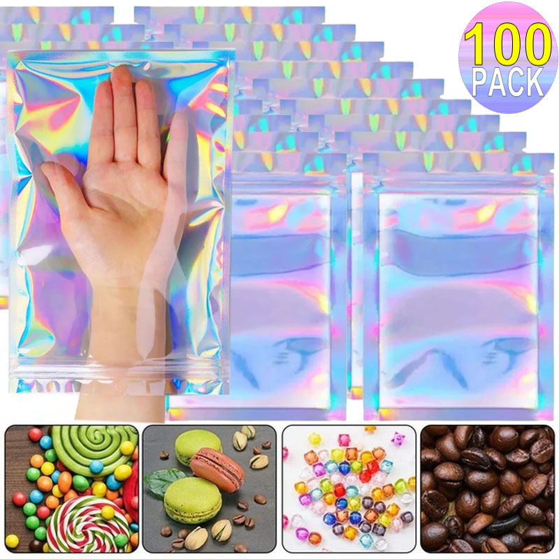 Food Pouch Reusable - 100/10PCS Laserowe torby uszczelniające Plastikowe holograficzne